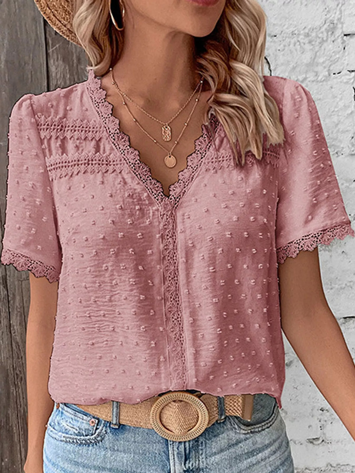 Pink swiss dot v-neck blouse with lace trim