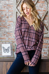 Trendsi Women’s V-Neck Plaid Long Sleeve Shirt Polyester Plus Size - Shirts