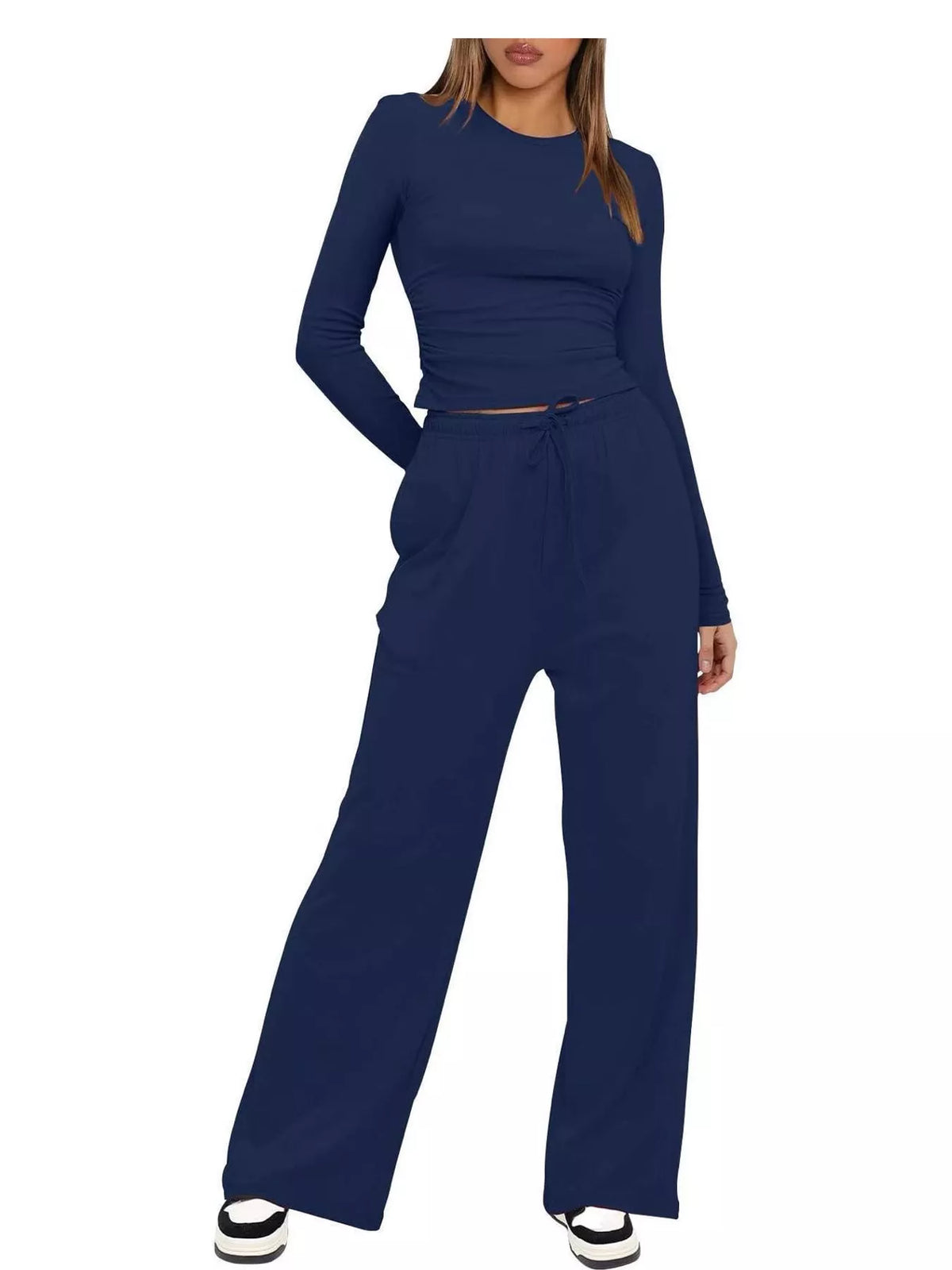 Long Sleeve Top and Wide-Leg Drawstring Pants Set — front view
