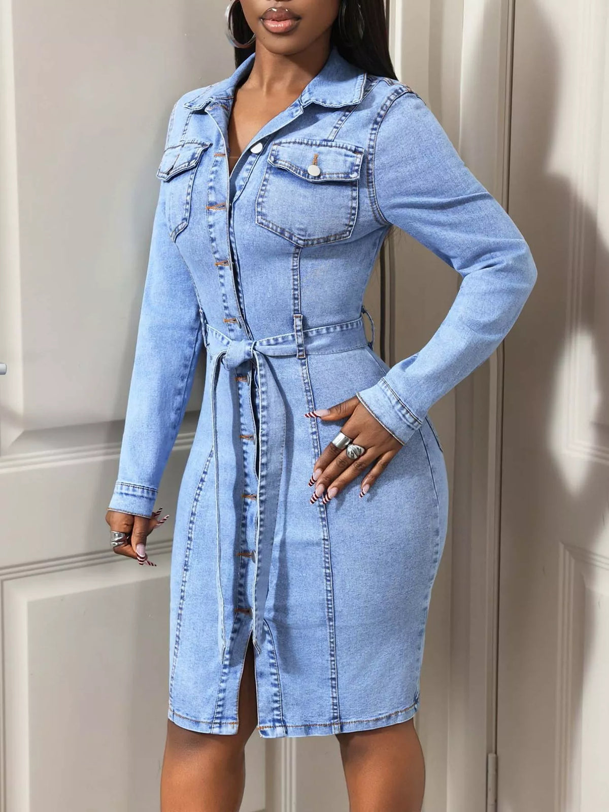 Women's Button-Down Tie Waist Denim Dress in Blue, back view