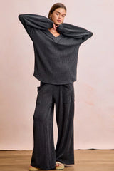 Trendsi BiBi Two Tone Cord Rib Contrast Stitching V-Neck Top and Pants Set -