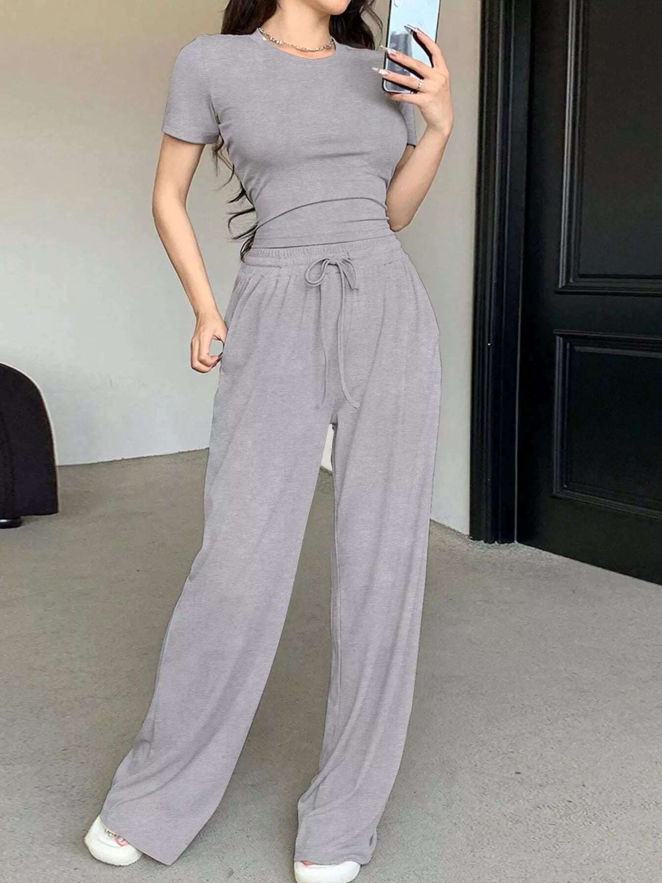Trendsi Solid Color Short Sleeve Crop Top and Wide Leg Pants Set -