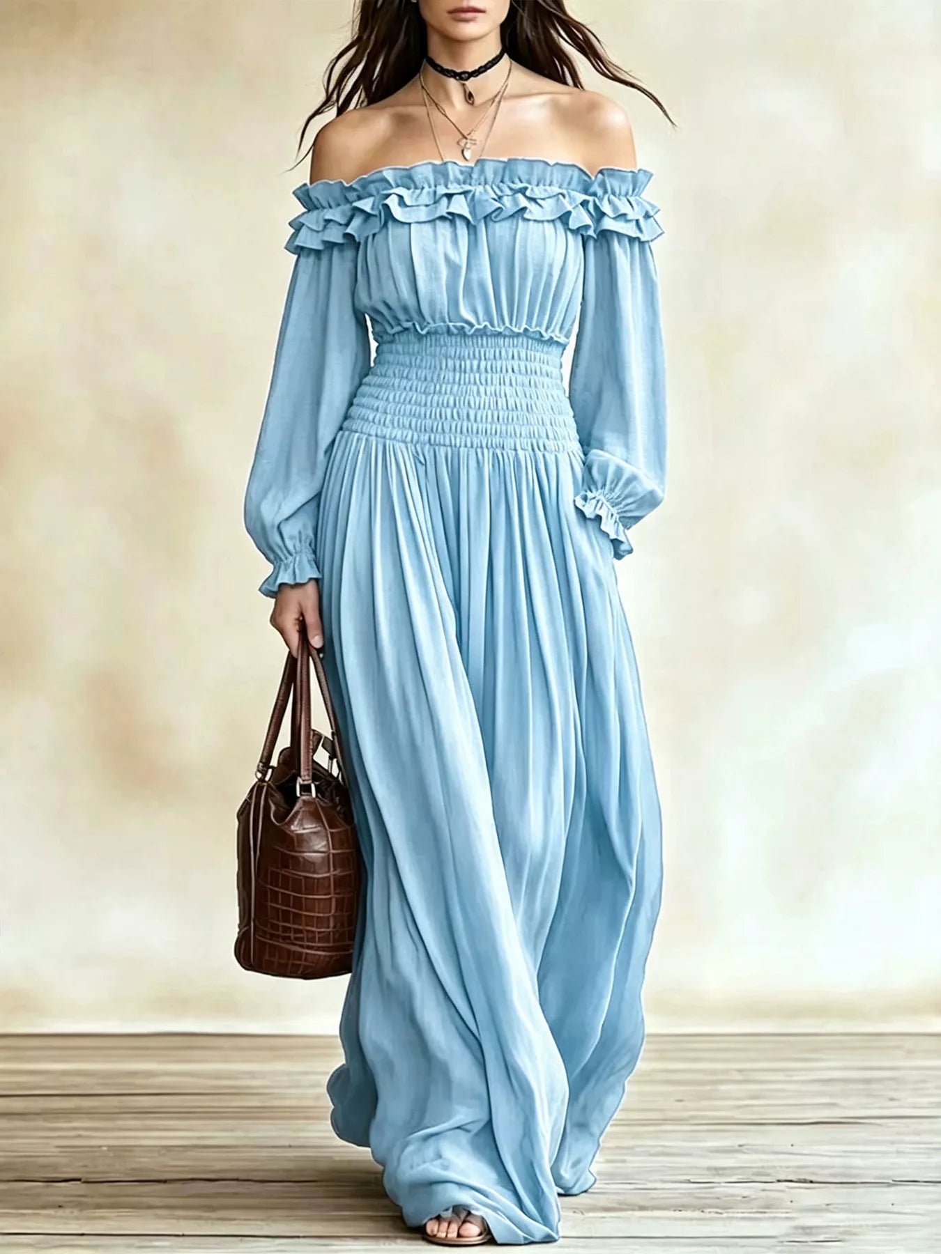 Trendsi Full Size Off-Shoulder Ruffled Maxi Dress with Smocked Waist Plus Size -