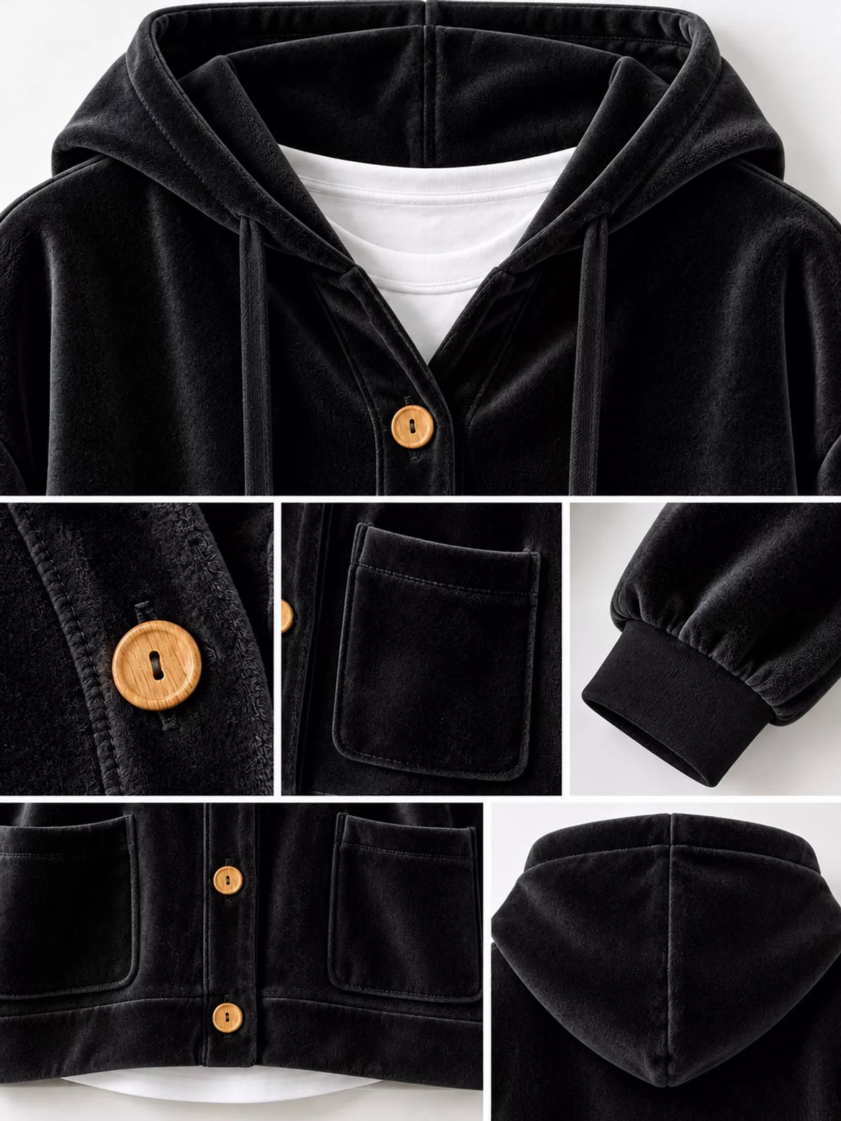 Black velvet dropped shoulder hoodie, detail view