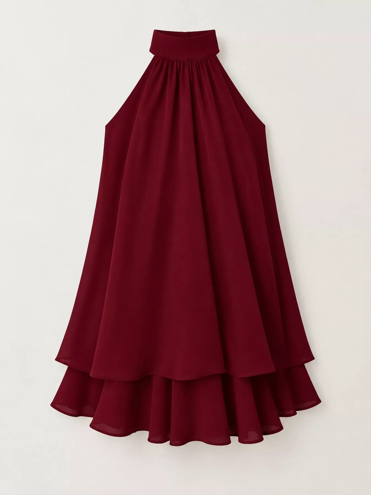 Burgundy halter neck layered mini dress, front product view