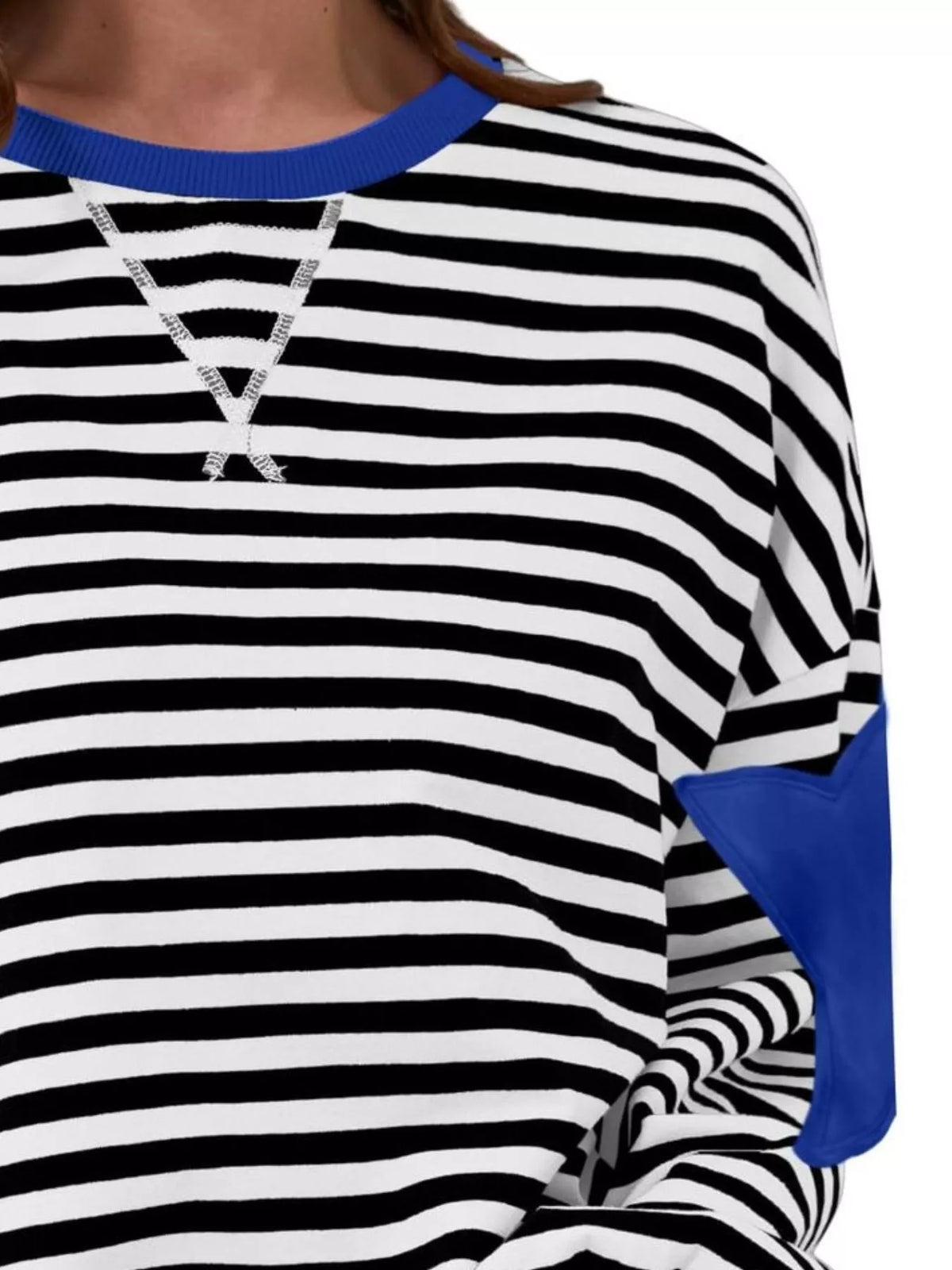 Blue Star-Patch Striped Oversized Sweatshirt star and neckline detail