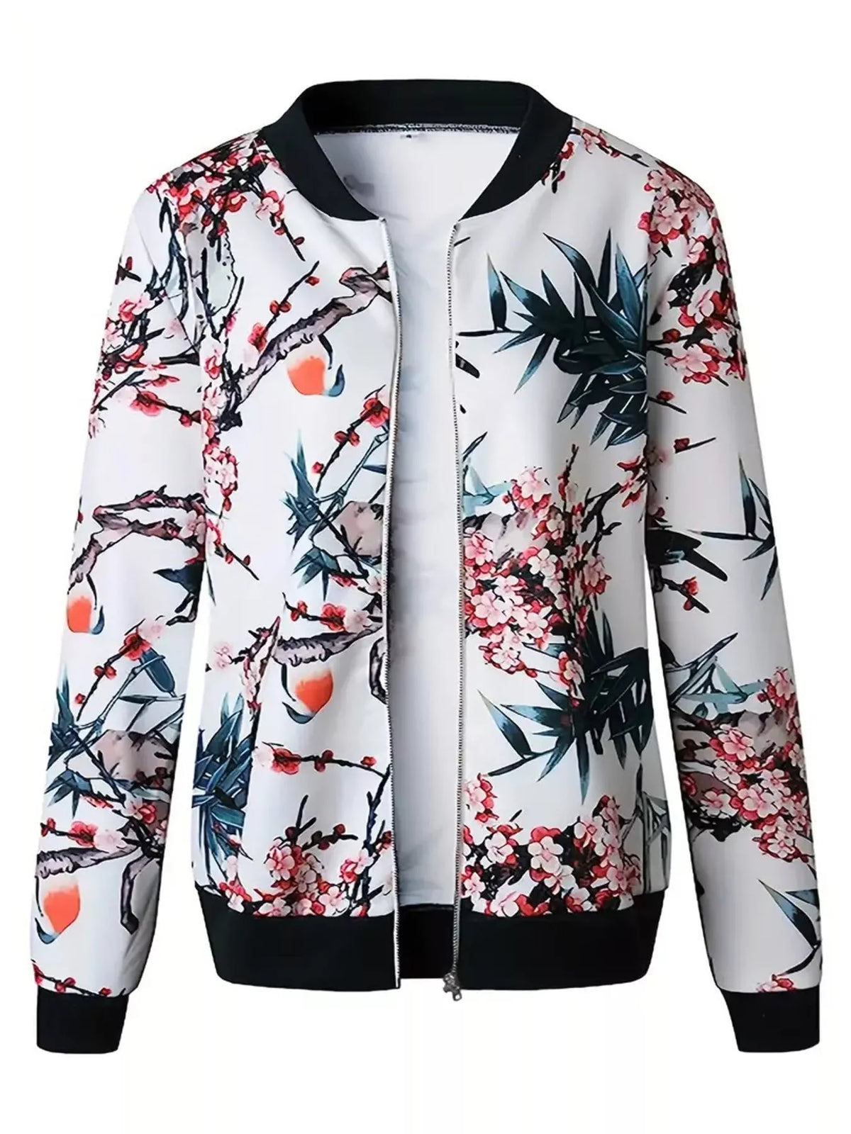 White blossom print printed zip-up bomber jacket — front view