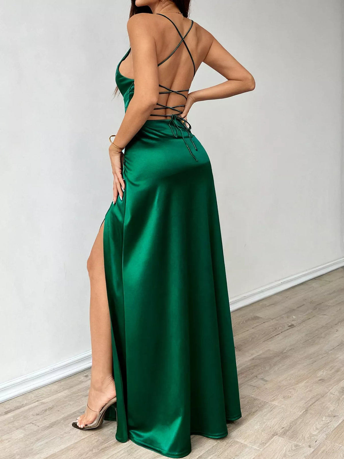 Lace-Up Back Slit Maxi Dress — back view