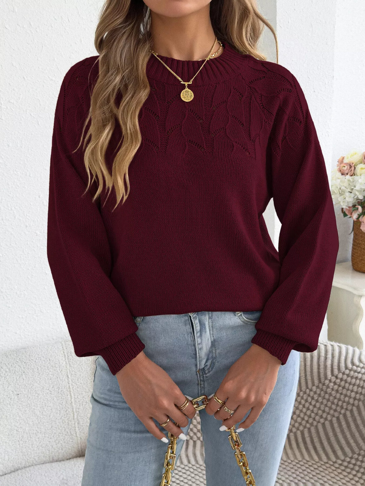 Burgundy openwork crew neck sweater