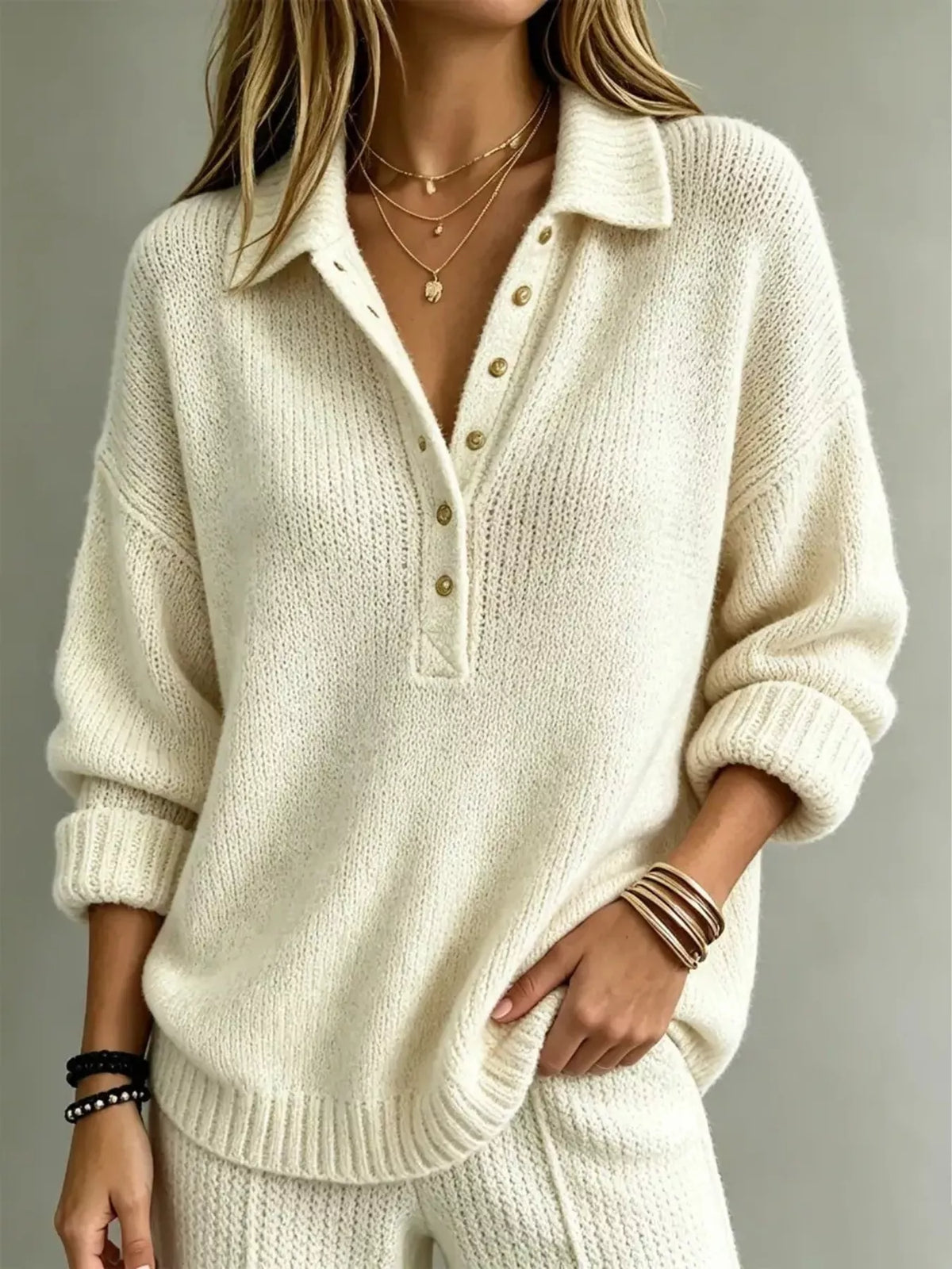 Women's Button Detail Dropped Shoulder Sweater in cream — front view