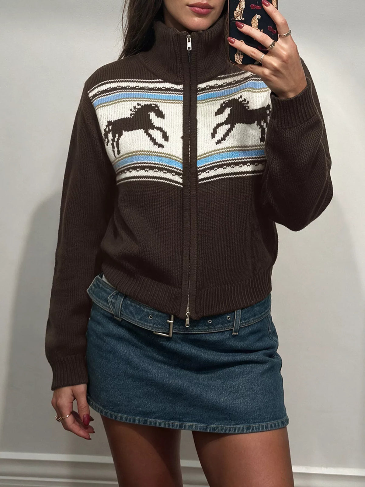 Brown horse zip-up cardigan, front view