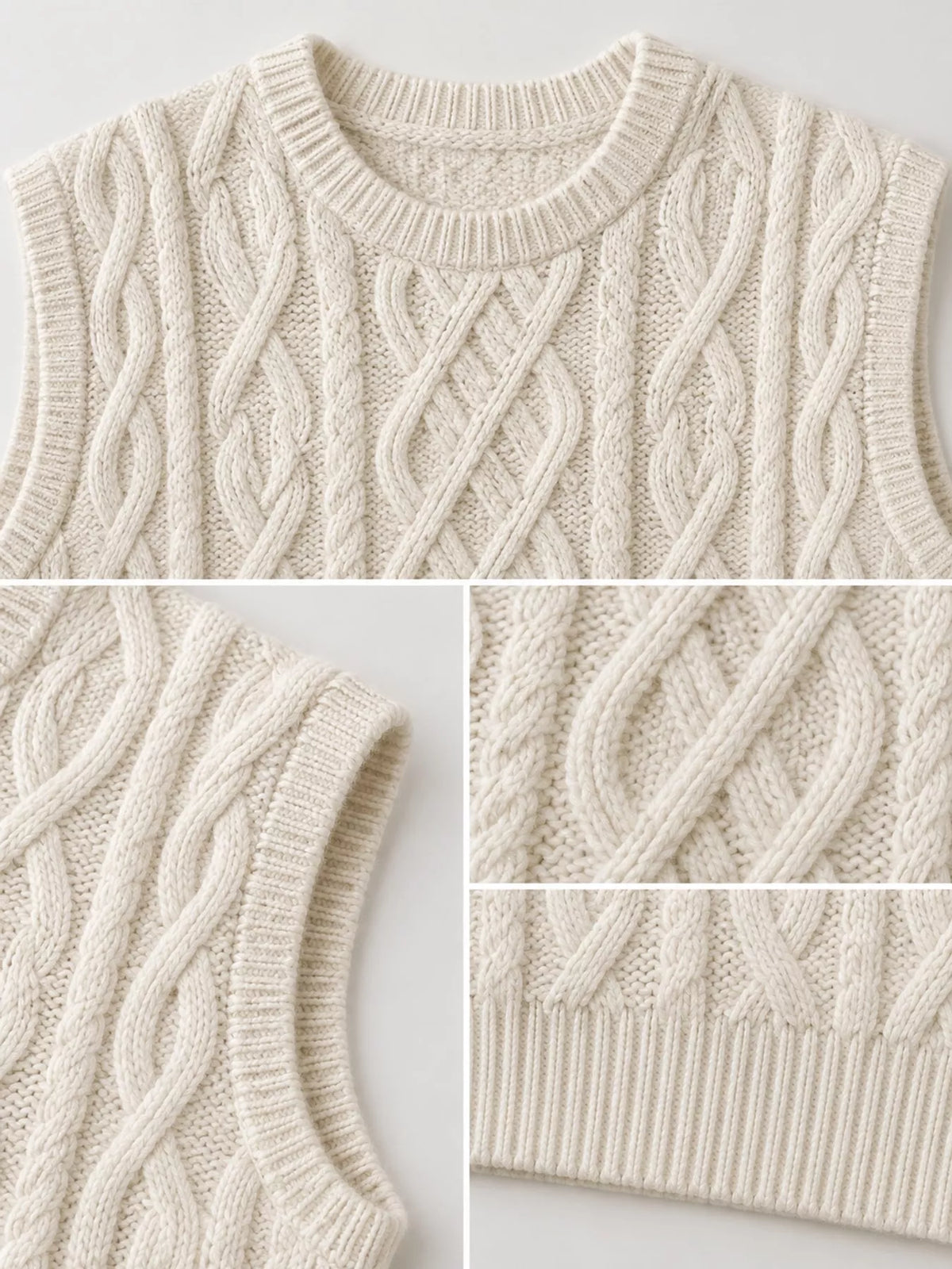 Cream cable-knit sweater vest, cable knit neckline, armholes, and ribbed hem