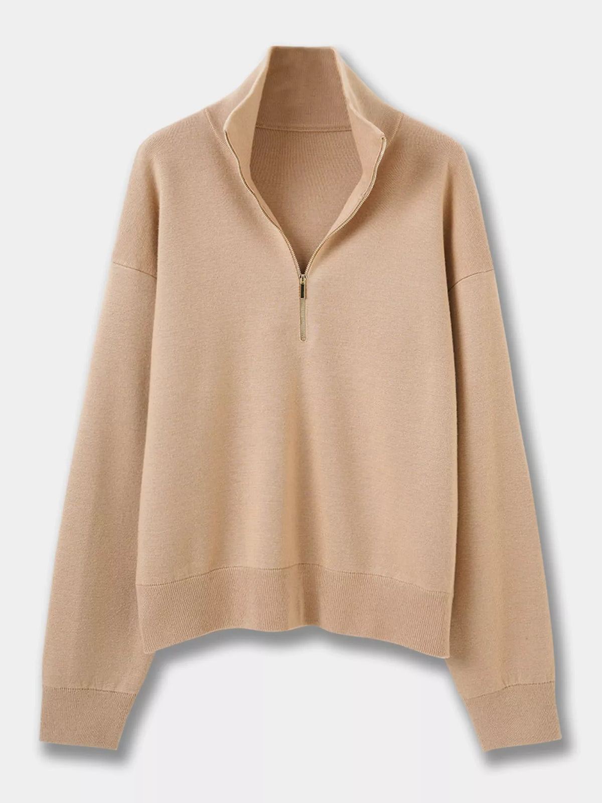 Women's Half-Zip Dropped Shoulder Sweater in beige — flat lay view