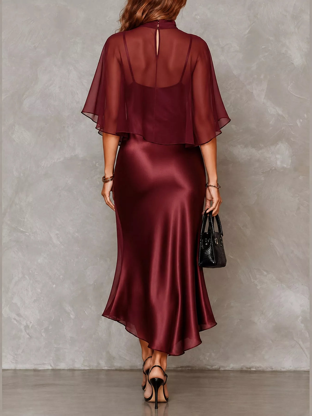 Burgundy satin cami dress and sheer cover up set — back view