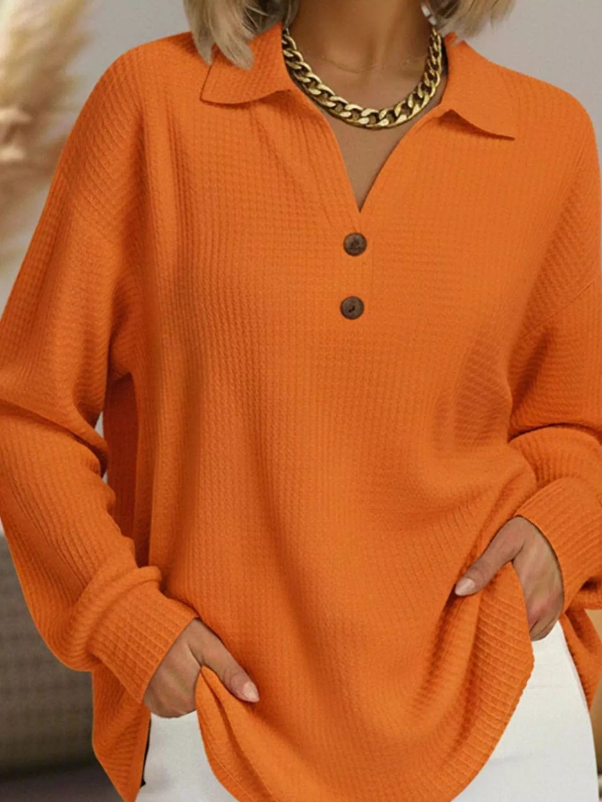 Collared long sleeve top, front view on model