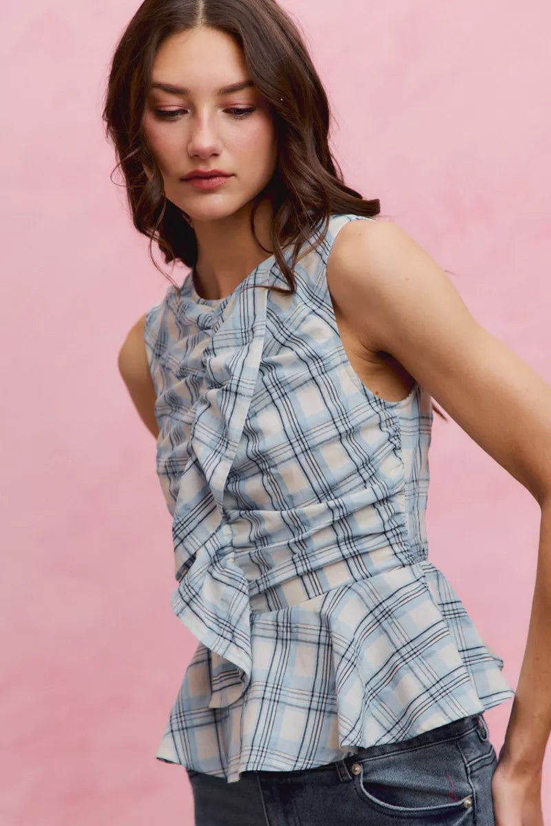 Women's Plaid Sleeveless Ruffle Peplum Top Blue And White Cotton — product view 5