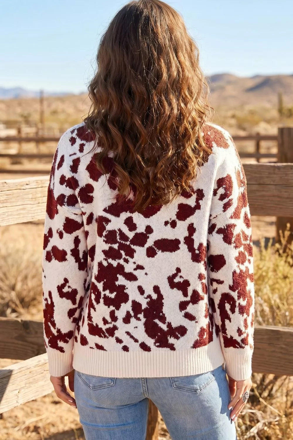 Trendsi Western Print Cow Pattern Long Sleeve Round Neck Pullover Knitwear Sweater -