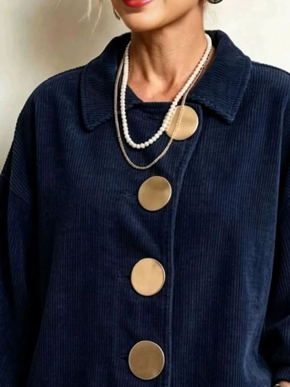 Women's Corduroy Button-Down Jacket in navy — button detail view