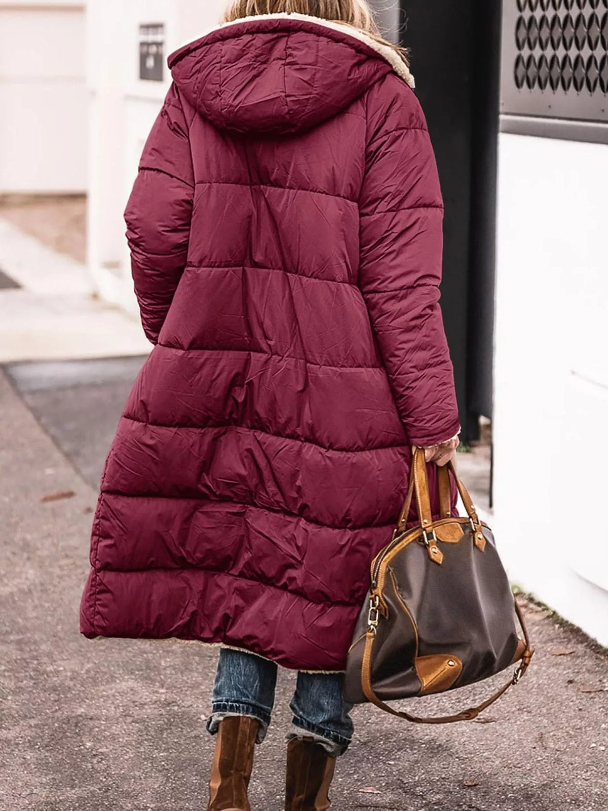 Burgundy longline sherpa-lined hooded puffer coat, back view