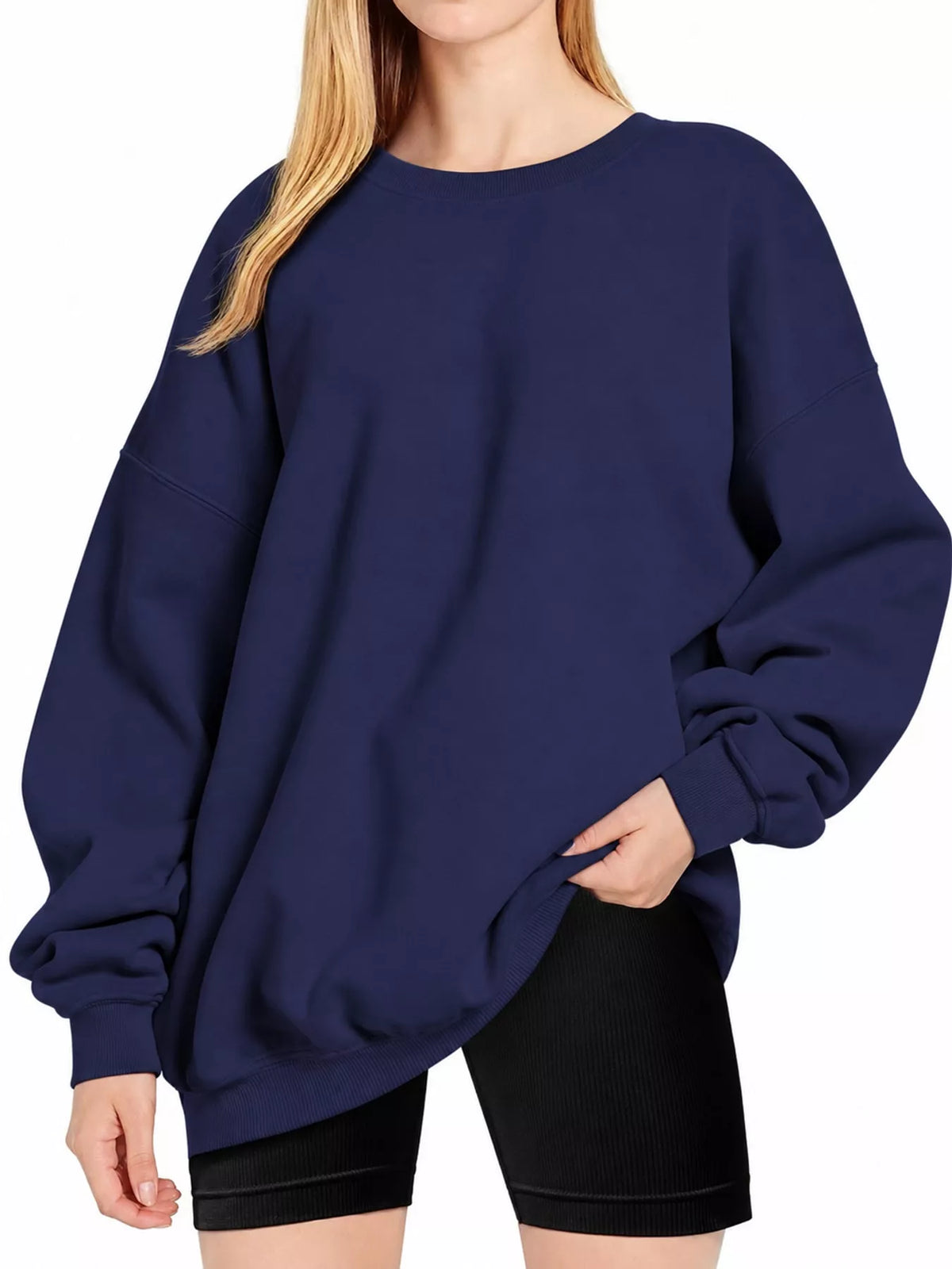 Ribbed Trim Crew Neck Sweatshirt in navy, front view