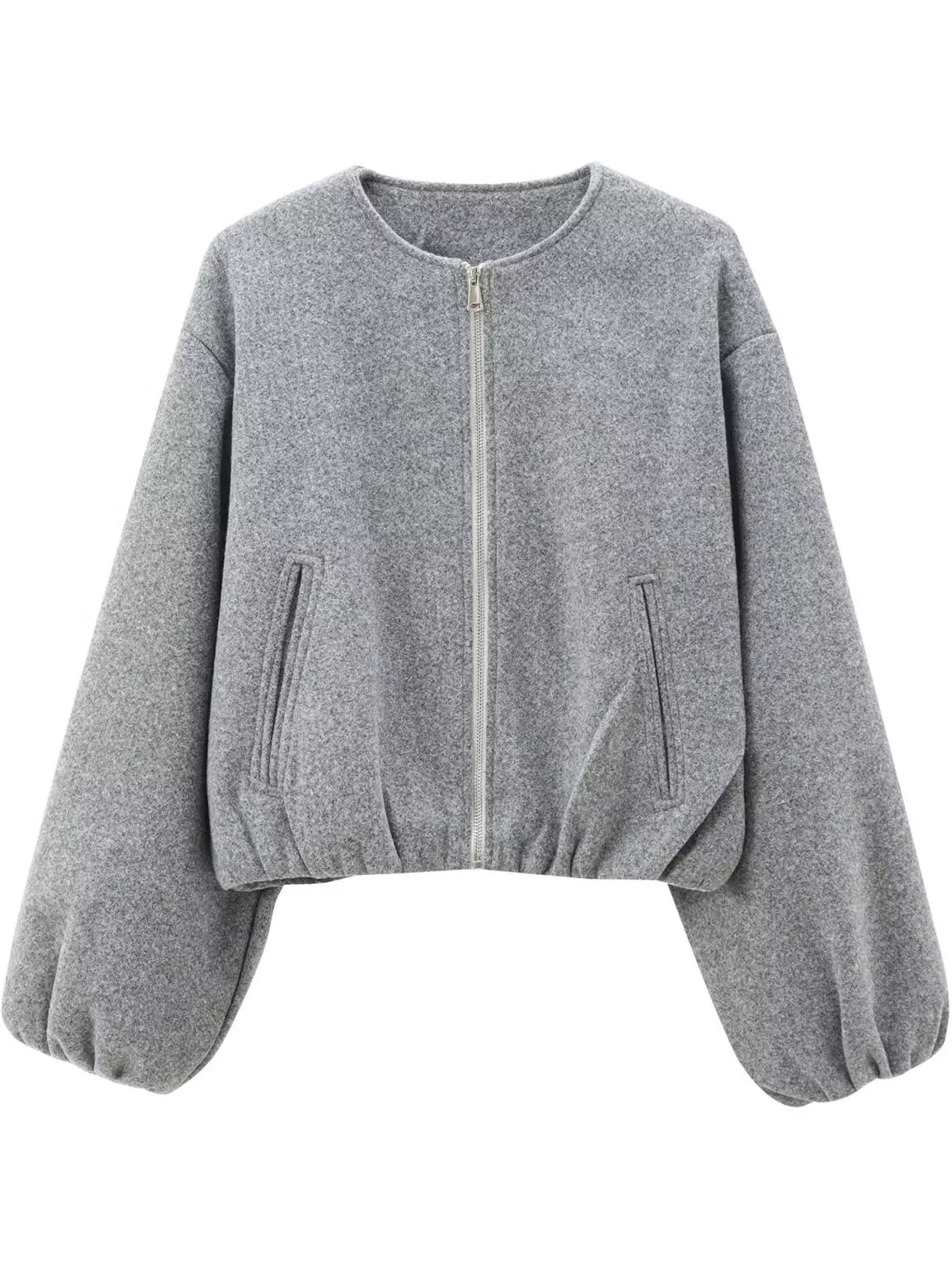 Gray zip-up long sleeve jacket — front view