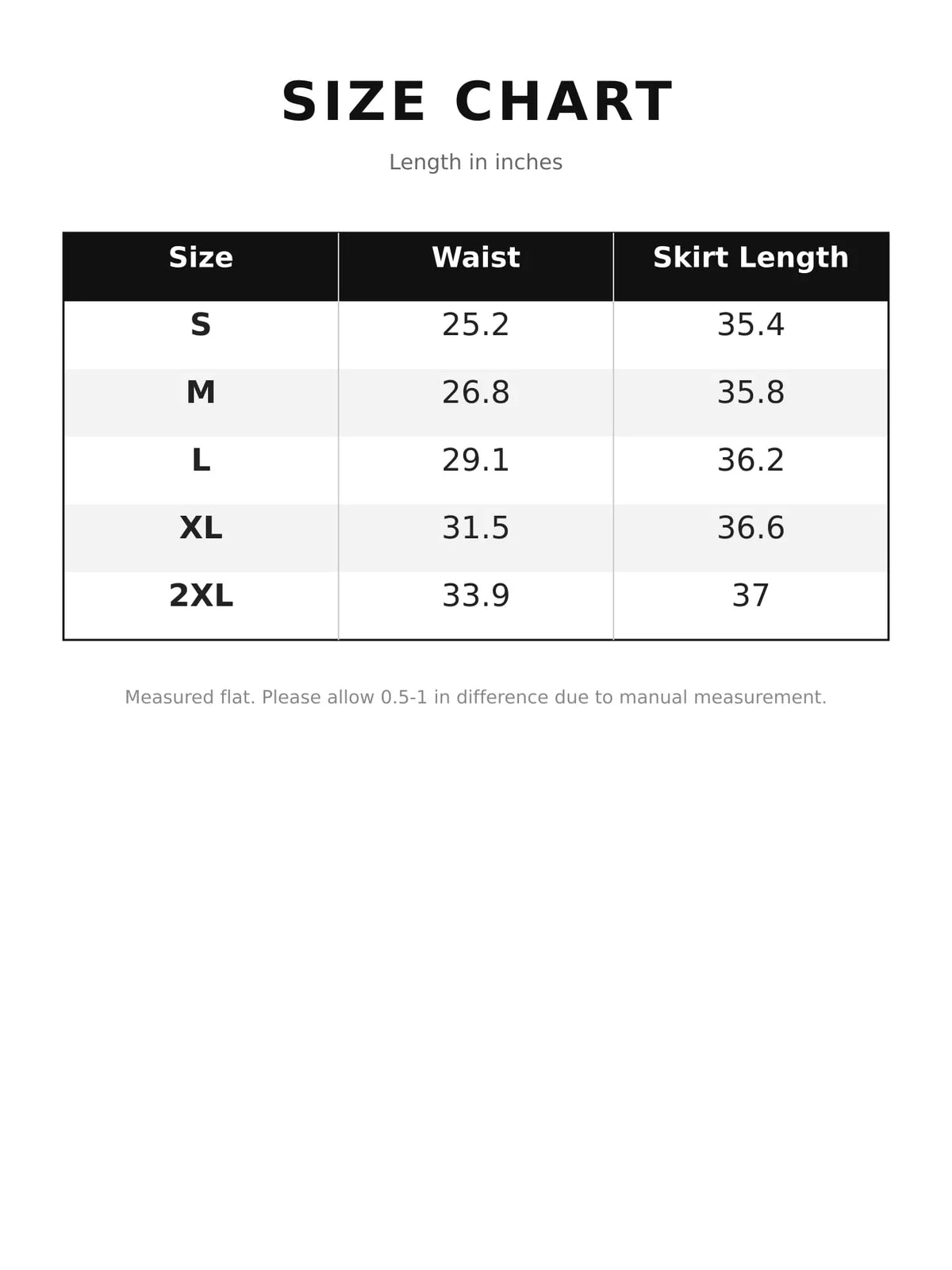 Size chart for drawstring tiered skirt