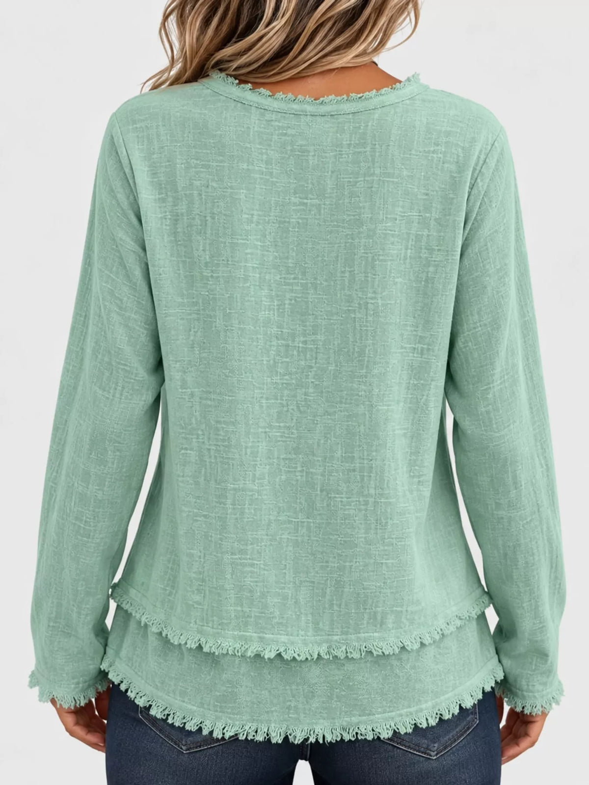 Frayed V-neck blouse, sage back