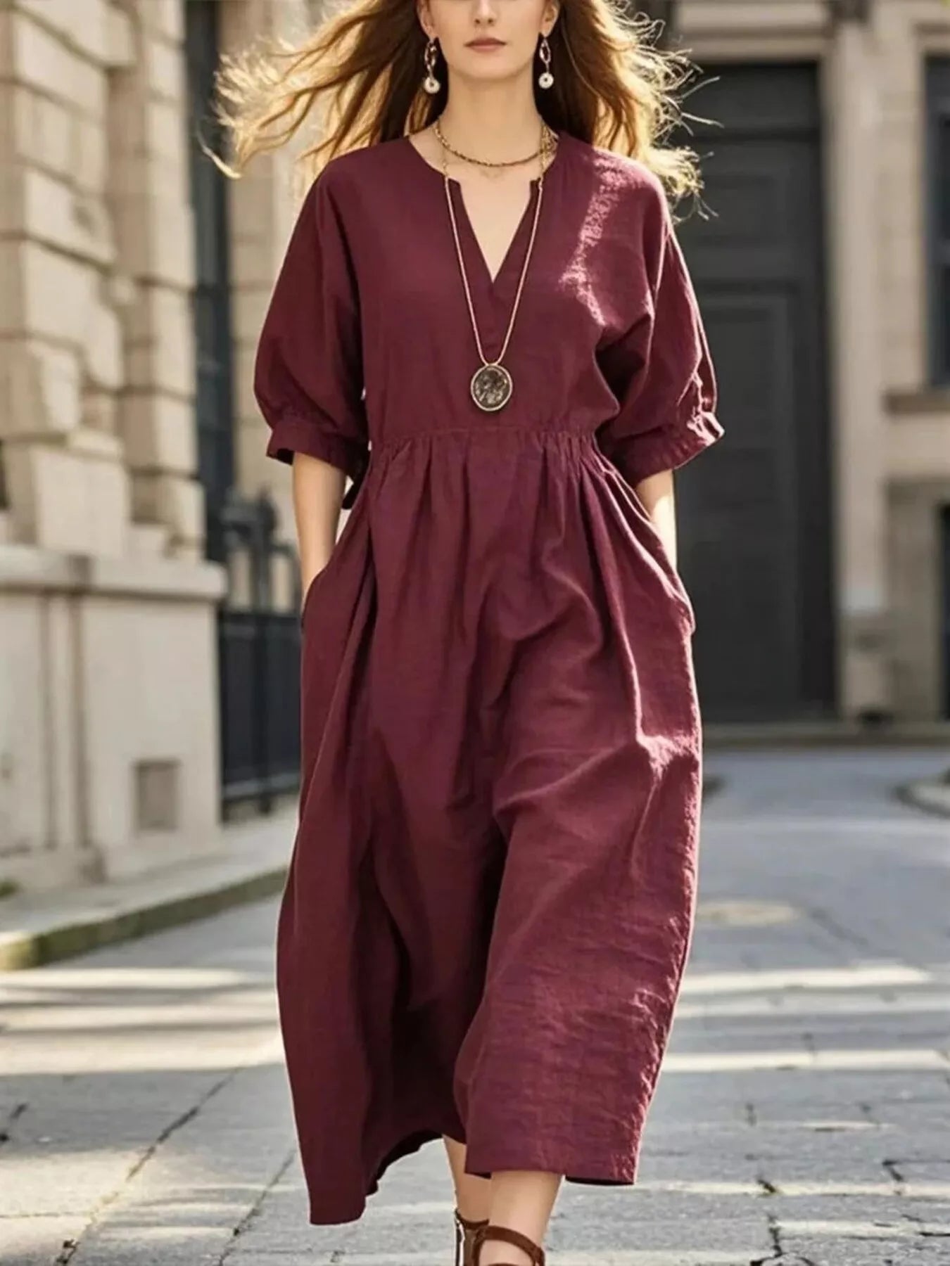 Trendsi Notched Half Sleeve Midi Dress -