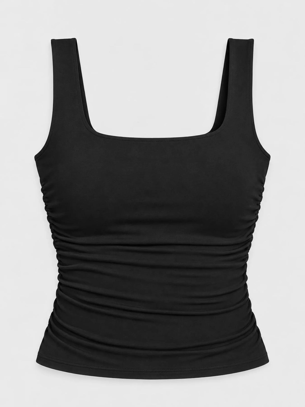 Black square neck ruched slim fit tank top, front view