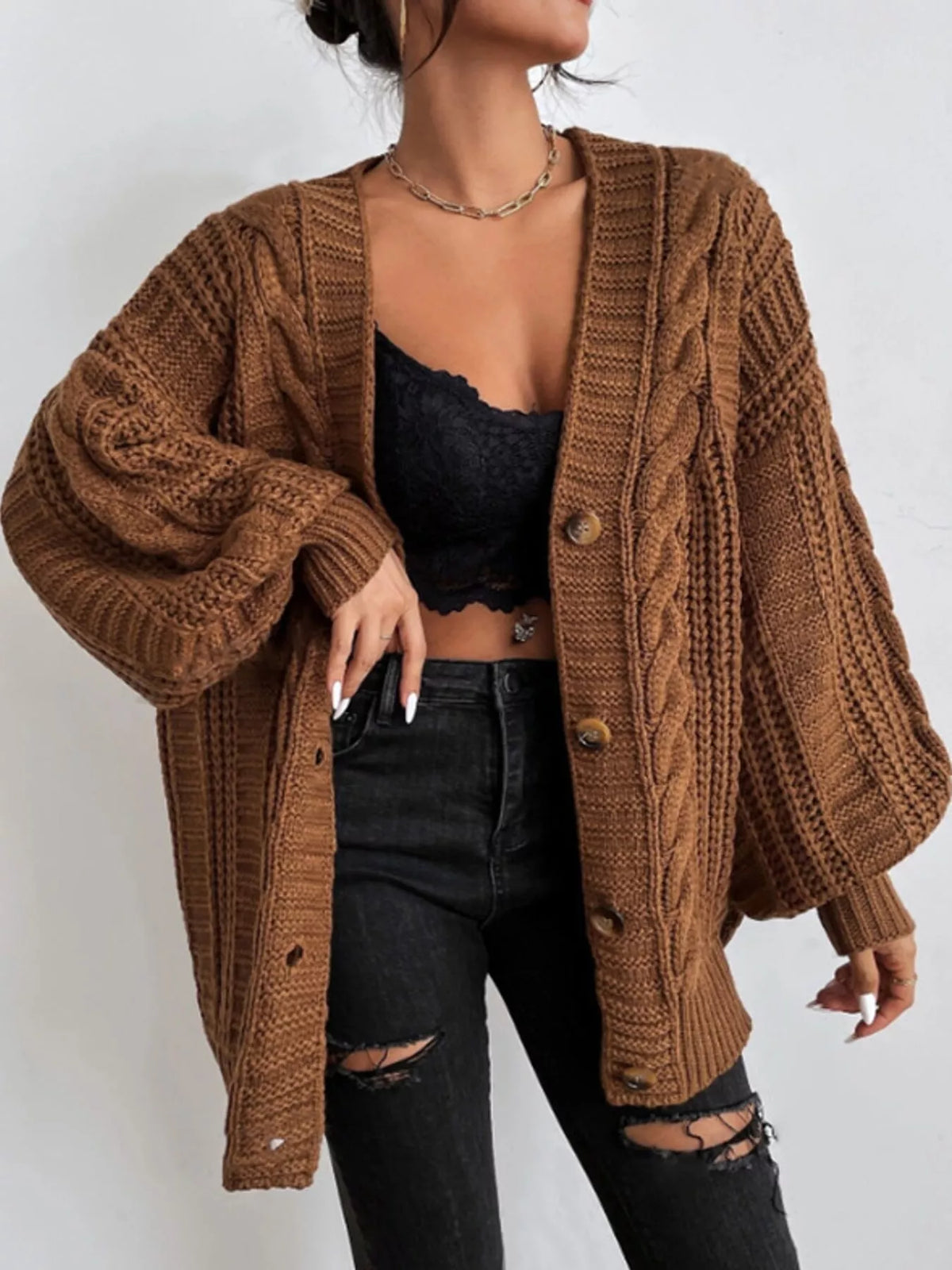 Brown cable knit button-down cardigan