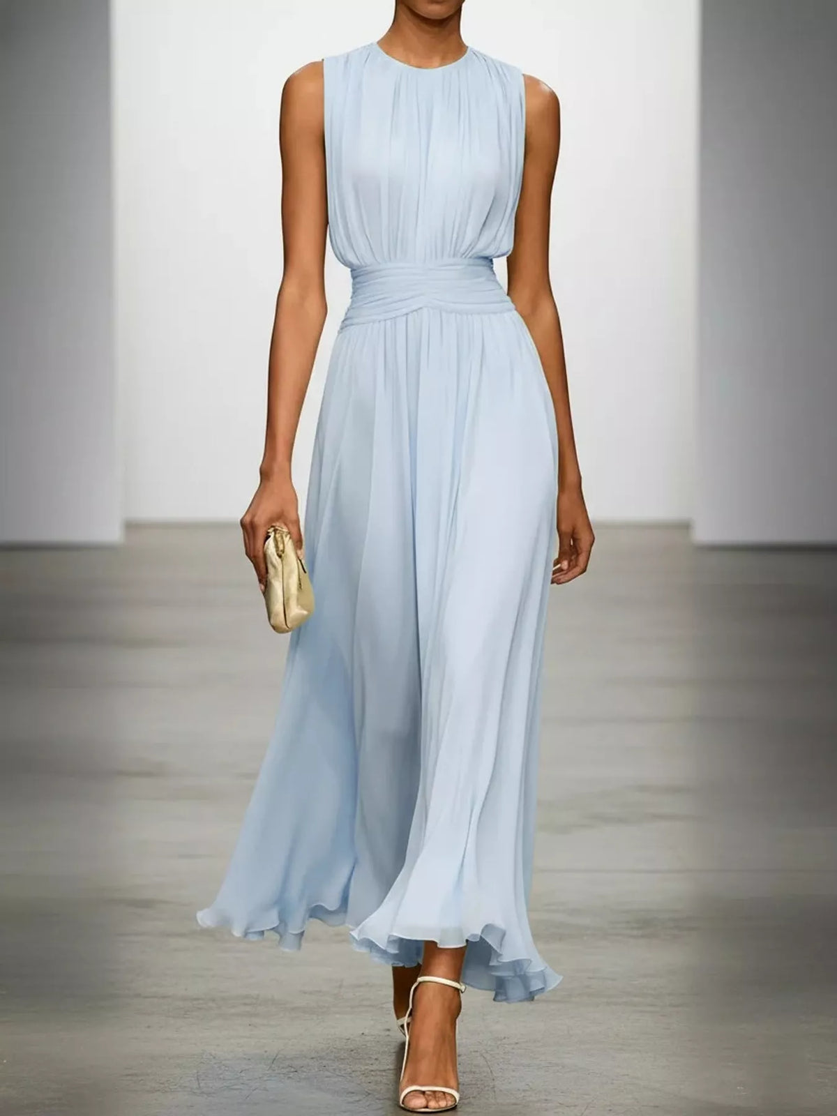 Light blue sleeveless ruched chiffon maxi dress, front view