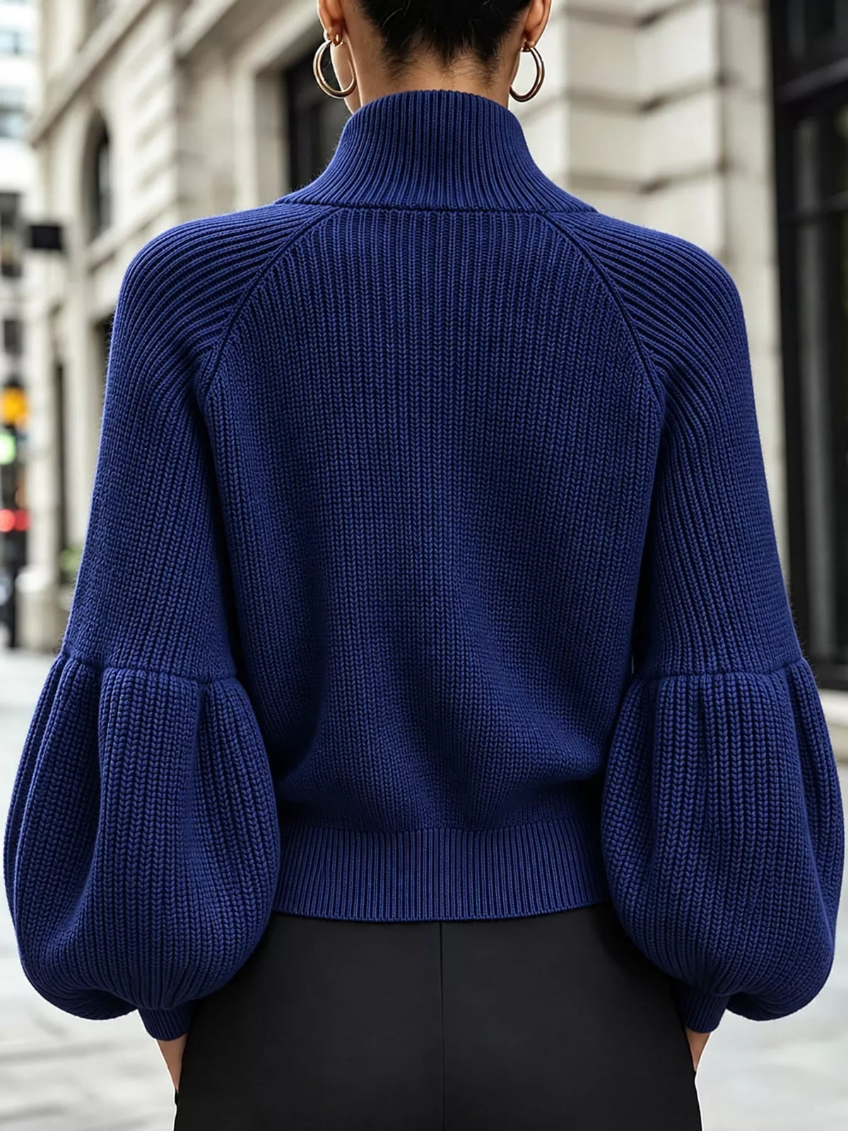 Dark Blue ribbed knit zip-up lantern sleeve cardigan, back view
