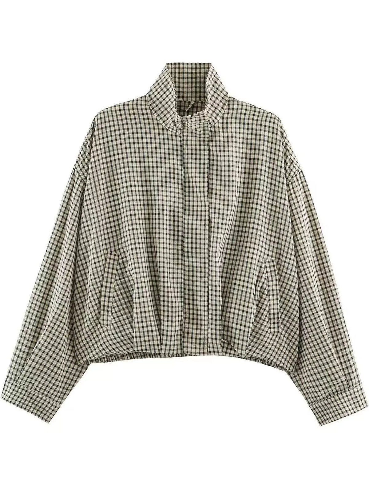 Khaki Plaid plaid stand-collar cropped jacket