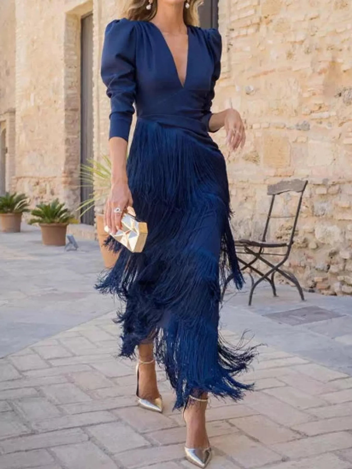 Women's Fringed V-Neck Puff Sleeve Midi Dress in navy — front view