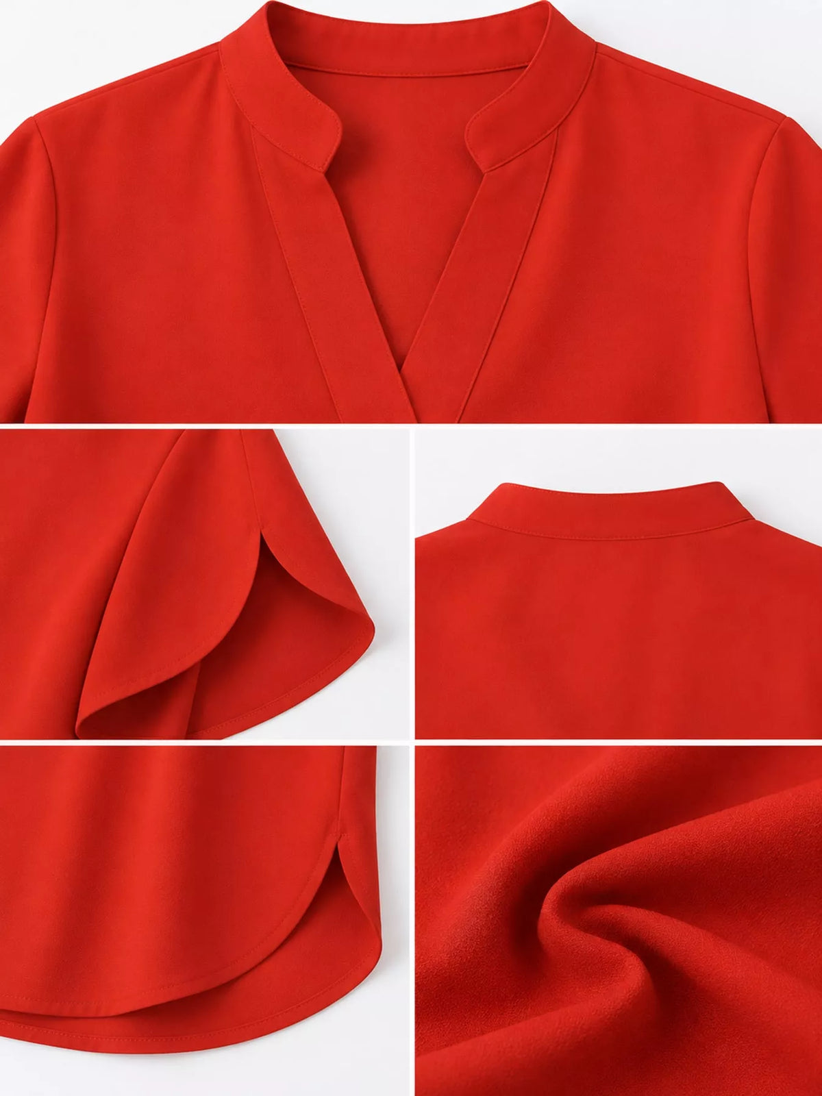 Women's Notched Slit Short Sleeve Blouse in red — detail collage view