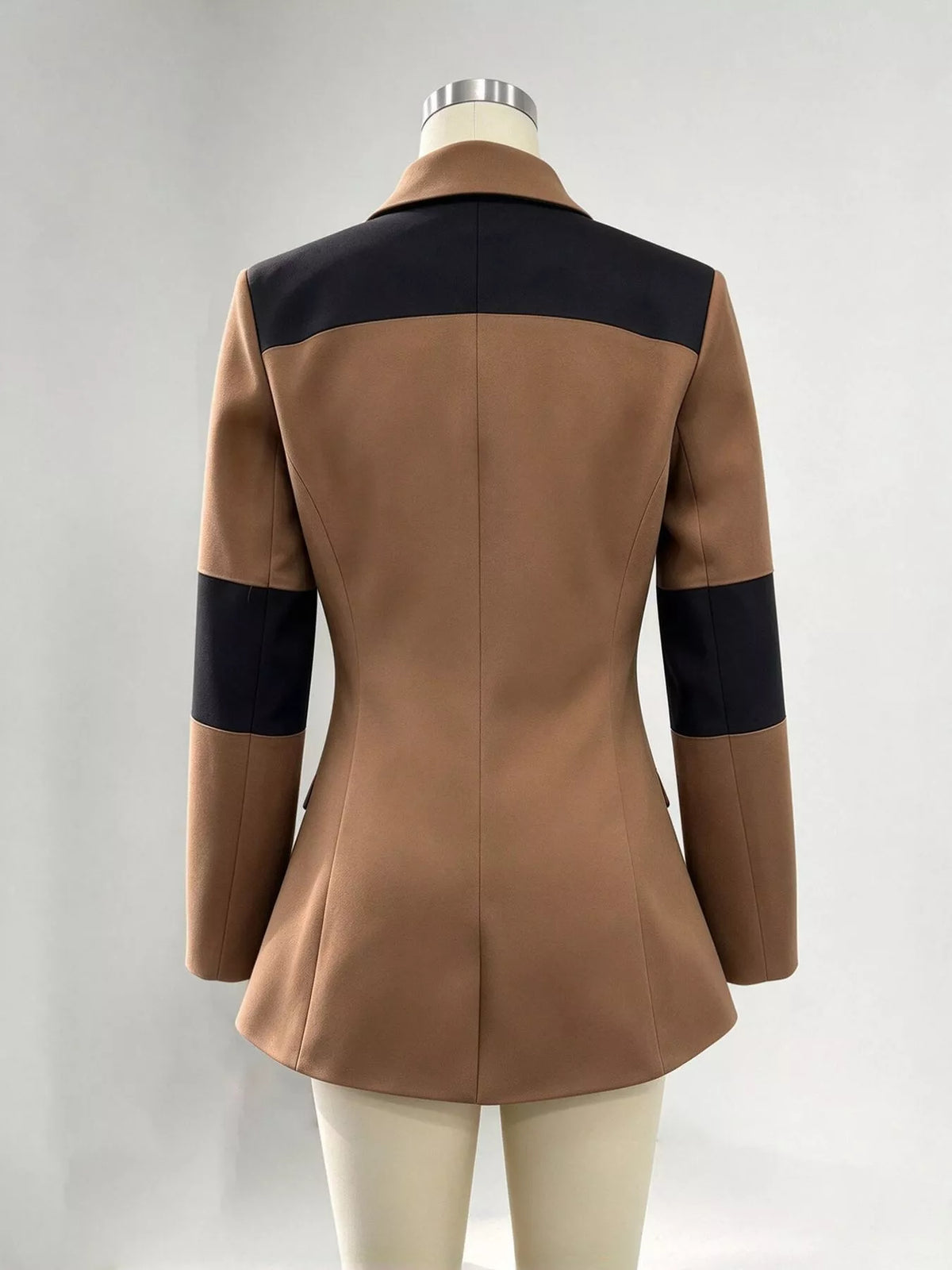 Brown color-block one button blazer, back view