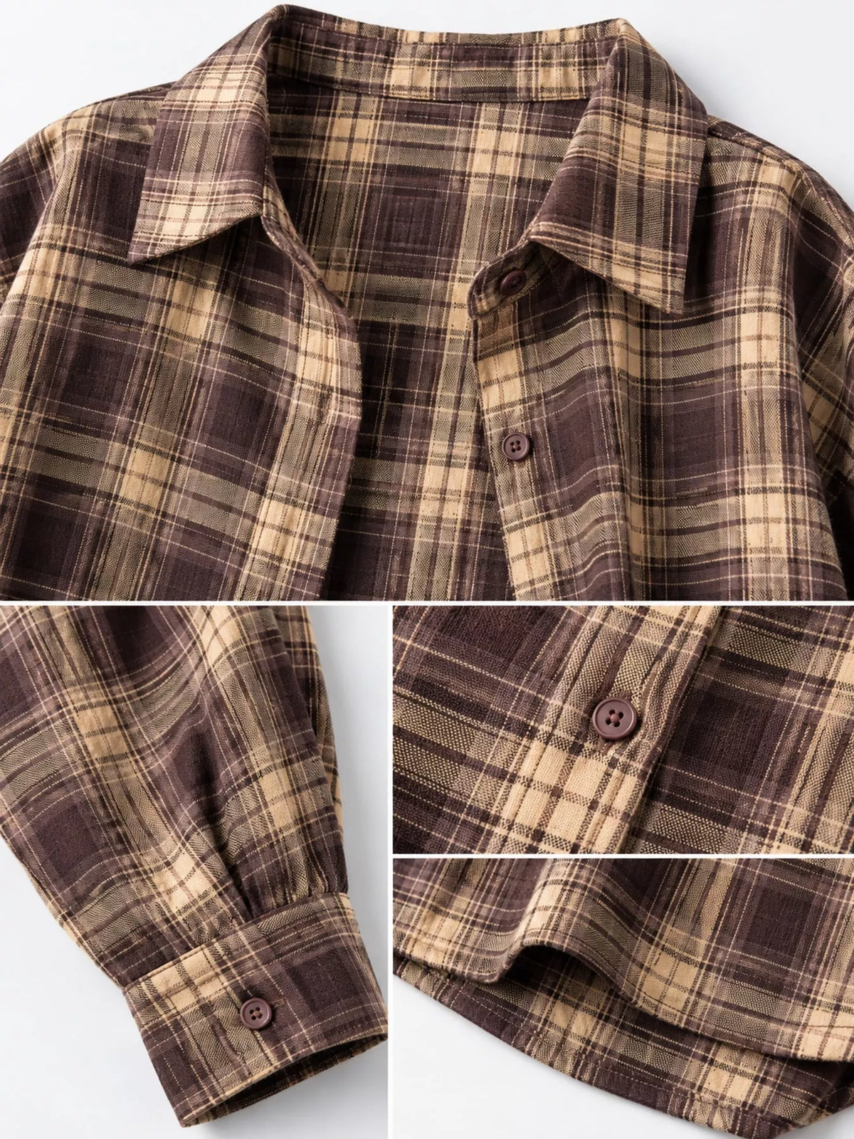 Brown and cream loose-fit plaid shirt, collar cuff button and hem details