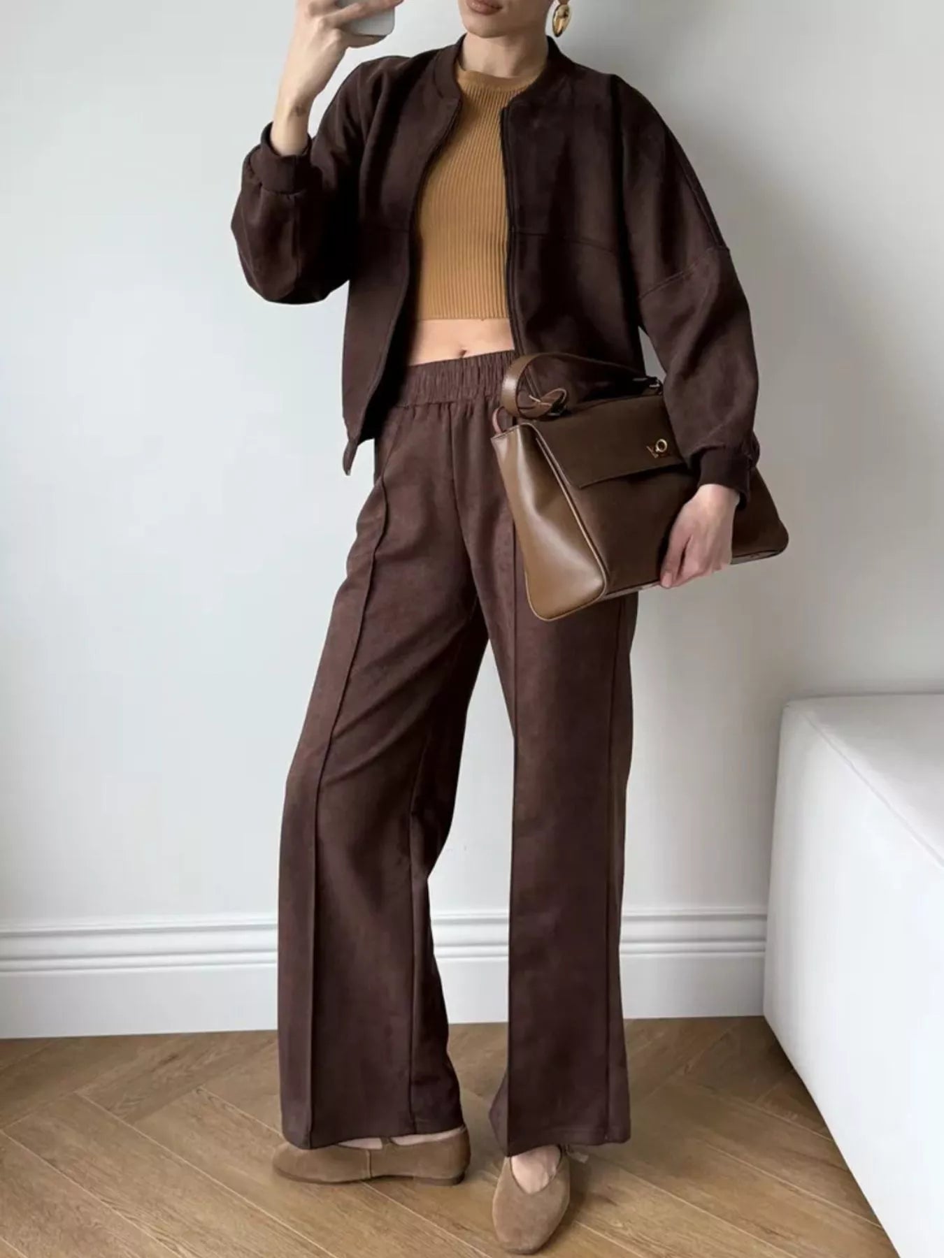 Trendsi Zip Up Sweatshirt and Wide-Leg Pants Set -