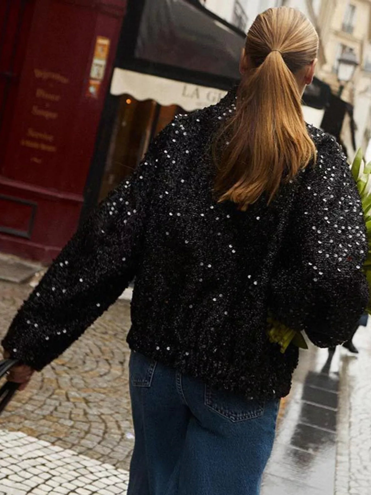 Black tweed textured long sleeve jacket — back view