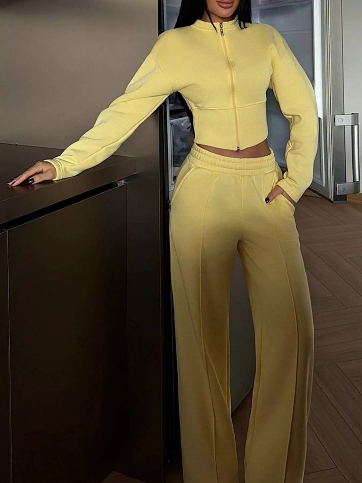 Trendsi Zip-Up Crop Jacket and Wide-Leg Pants Set -