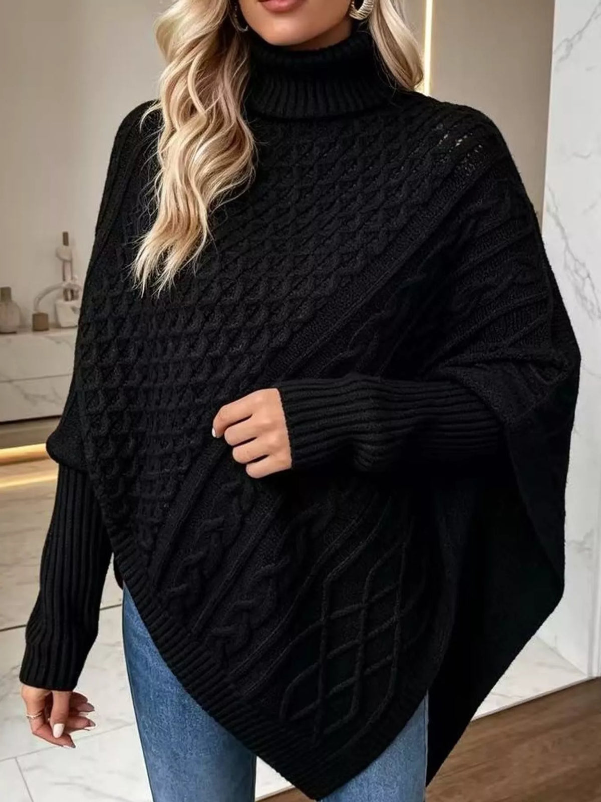 Turtleneck Cable Knit Sweater in black