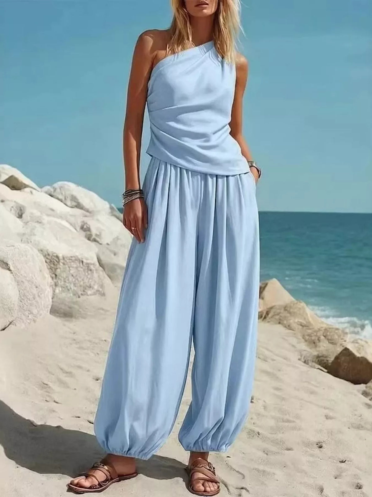 Women's One-Shoulder Sleeveless Top & Harem Pants Set — alternate view 6