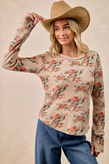 Trendsi BiBi Floral Print Washed Waffle Thermal Top with Thumb -