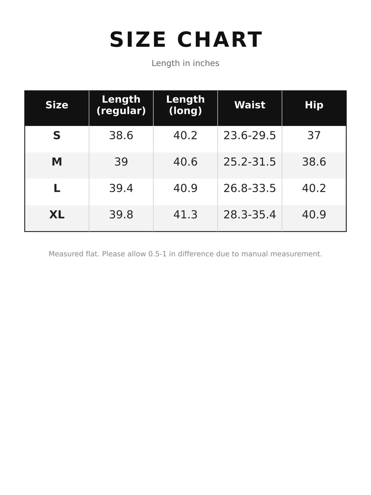 Size chart for drawstring wide-leg pants