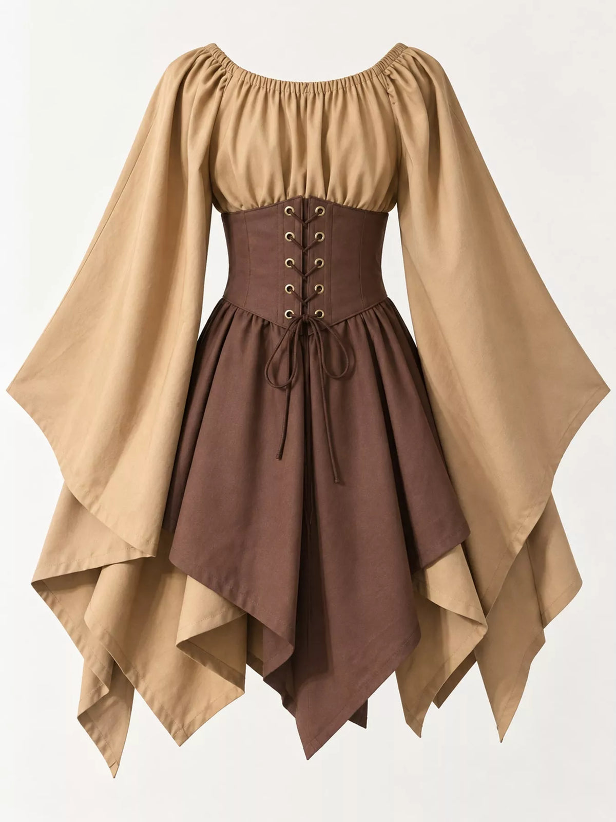 Lace-up asymmetric dress, tan brown back