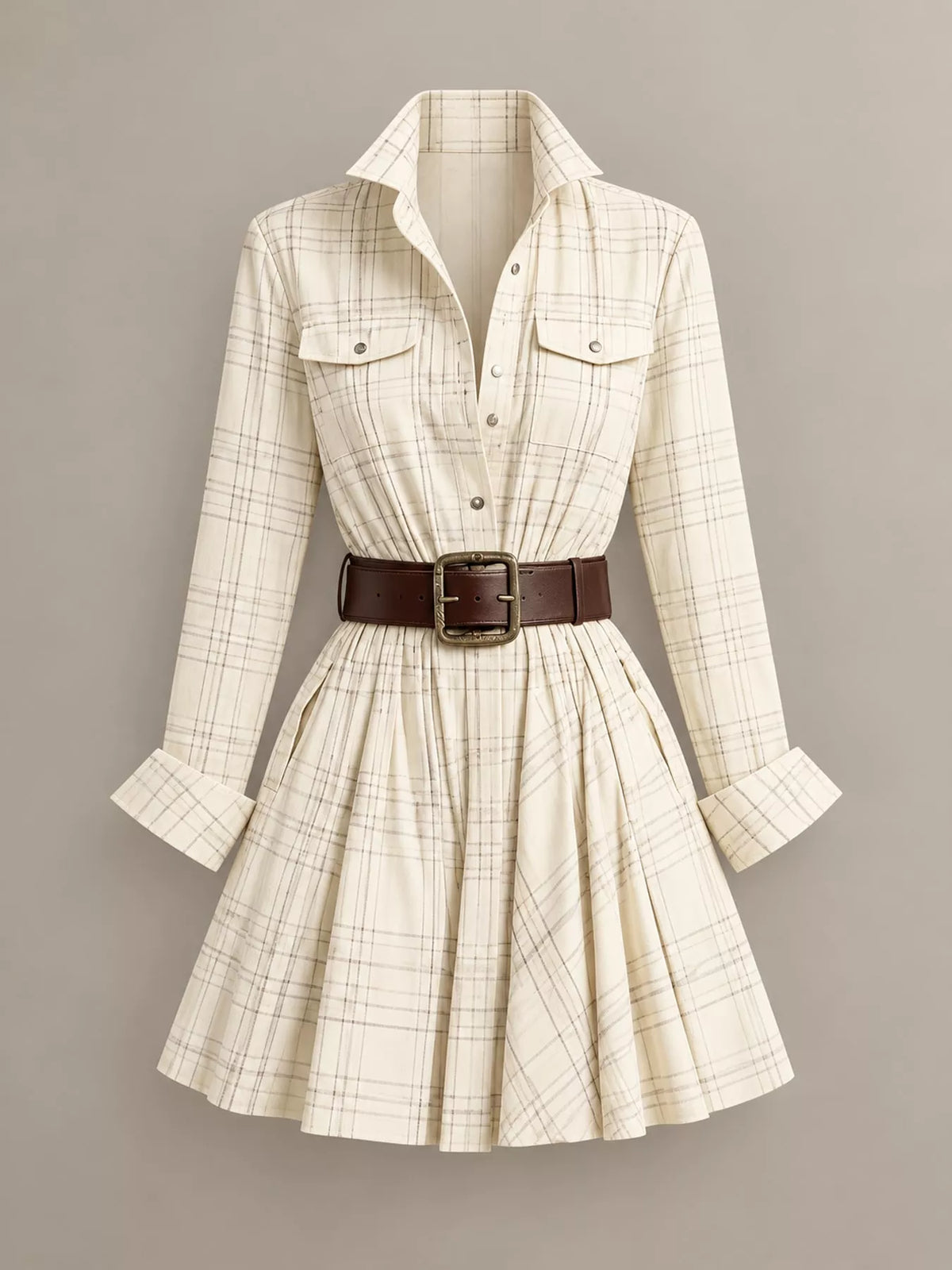 Cream plaid shirt dress