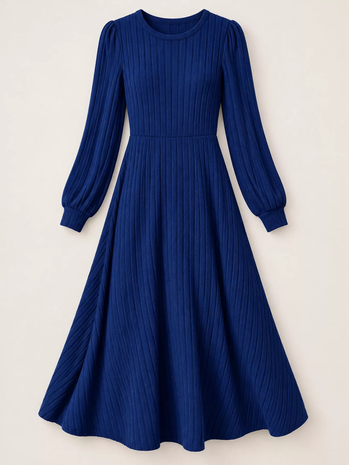 Women's Ribbed Knit Long Sleeve A-Line Midi Dress in blue — flat lay view
