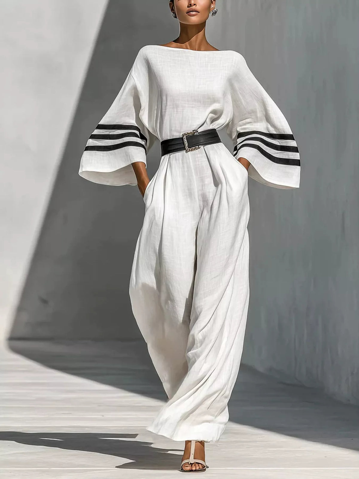 White wide-sleeve jumpsuit with striped trim, full front view.