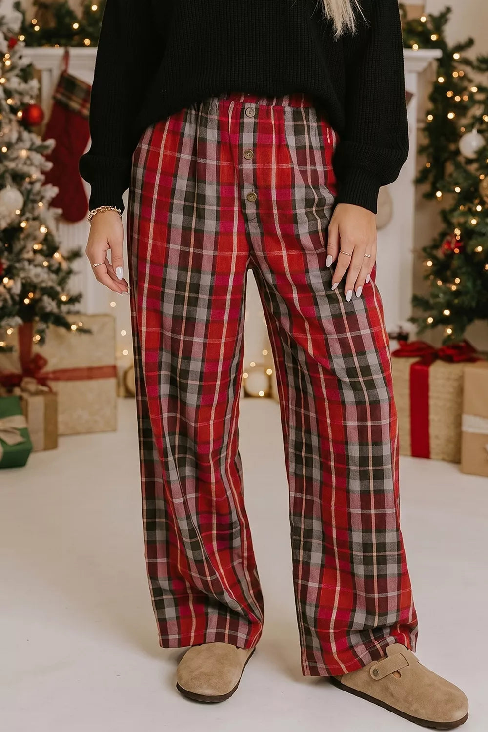 Plaid Elastic Waist Pocket Regular Full-Length Pants in red, front view