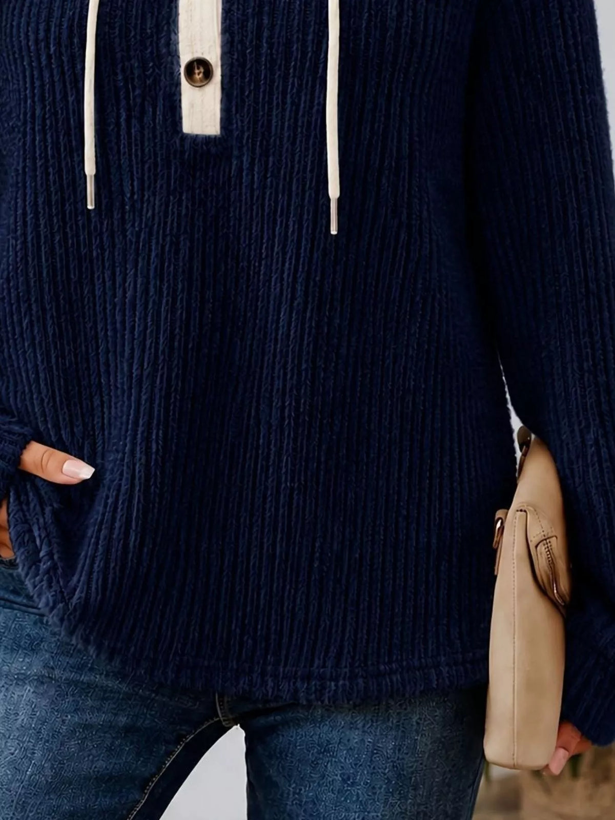 Trendsi Full Size Drawstring Button Detail Hooded Sweater Plus Size -